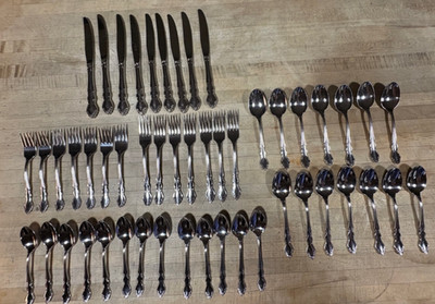 50 pcs Oneida Cubed Stainless DOVER Forks, Knives, Spoons 7 place settings PLUS
