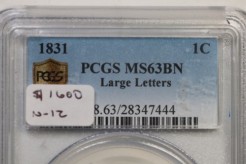 1831 N-12 R-1 PCGS MS 63 BN Lg Letters Matron or Coronet Head Large Cent Coin 1c - Picture 3 of 3