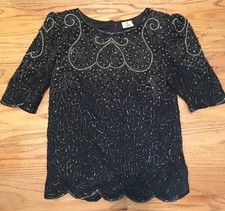 Vintage Black 100 Silk Beaded Blouse Top Scallop Edges Womens Sz Small Filigree