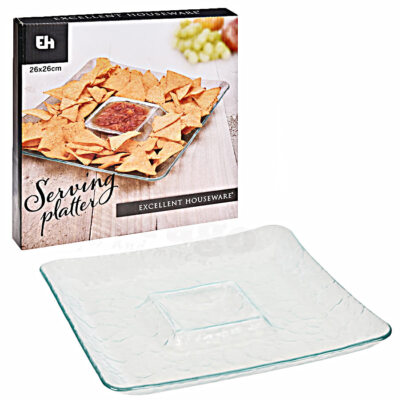 Servierplatte viereckig Nacho Chips Schale Glas Party Deko Dip Snack Teller 