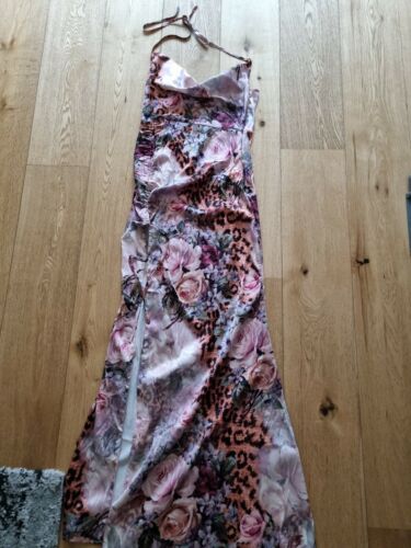 Missguided Stretchy Satin Size 8 Ruched Split side Leopard Floral Maxi Dress
