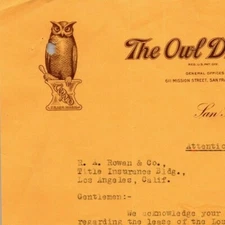 Vintage 12/20 1920 Owl Drug Co. Letterhead - Mission Street, San Francisco, CA