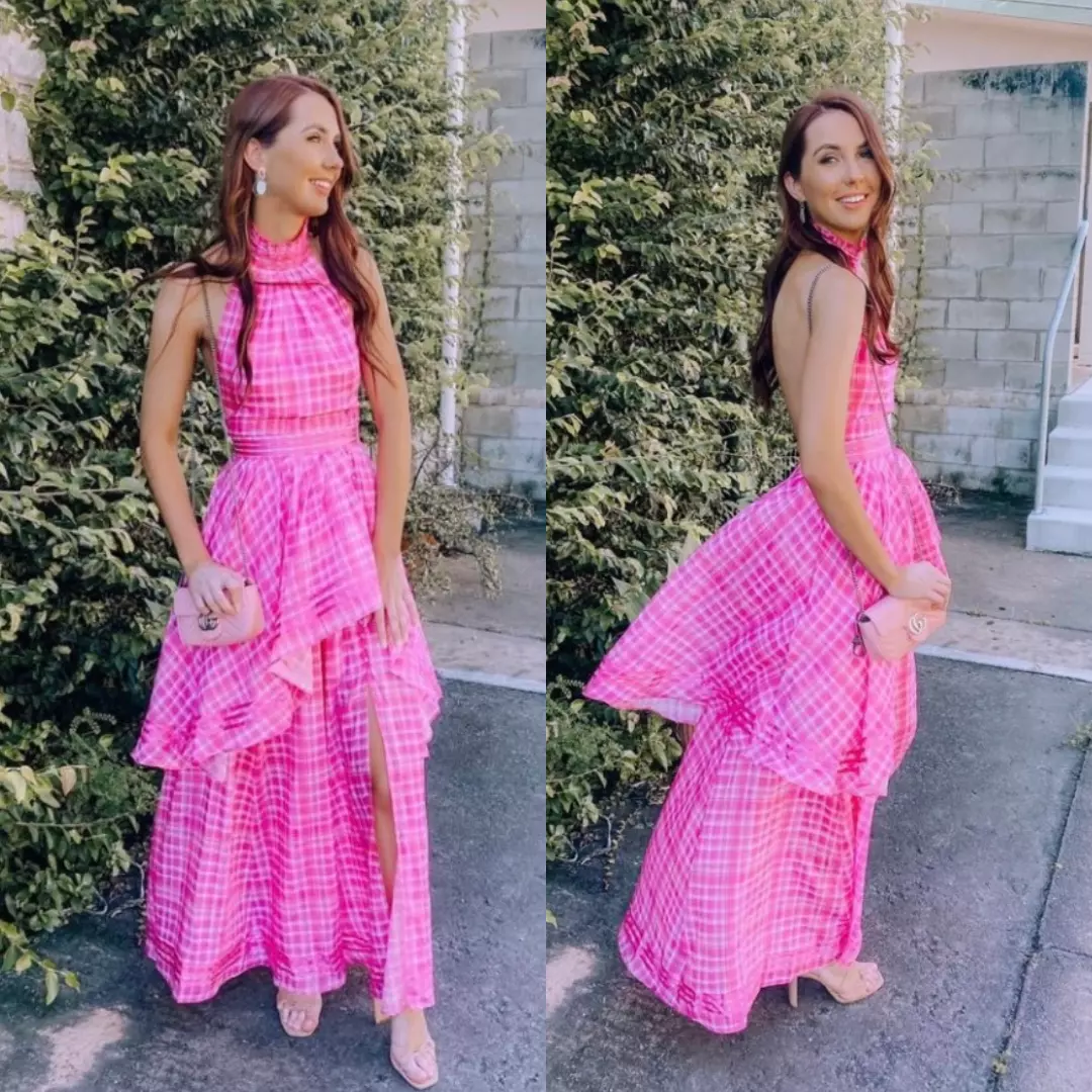 Aje Bungalow Sienna Halter Open Back Tiered Slit Maxi Dress Pink