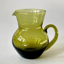 Glass Pitcher Creamer Vase Olive Green Hand Blown Art Applied Handle 3.75 in