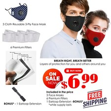 3 Reusable Cloth Face Masks Blue/White Dots  6 FREE 5 LAYER FILTERS  BONUS