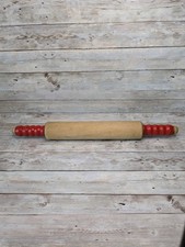Vintage All Wood Red Handle Rolling Pin 17" x 2" Ribbed Painted Handles