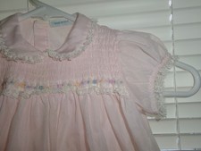 Vintage Nannette Baby Dress  Pink Smocked Embroidery  Lace 12  Mo
