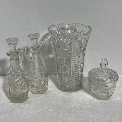 SetVintage Anchor Hocking Clear Star Of David Flower Vase,(2) Cruets, Sugar bowl