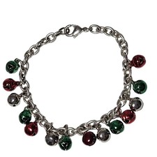 Holiday Jingle Bell Charm Bracelet Christmas Jewelry Red Green Silver Tone Chain