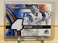 2025-26 SP Game Used Juuse Saros 4 Nations Face-Off Fabrics Auto Finland