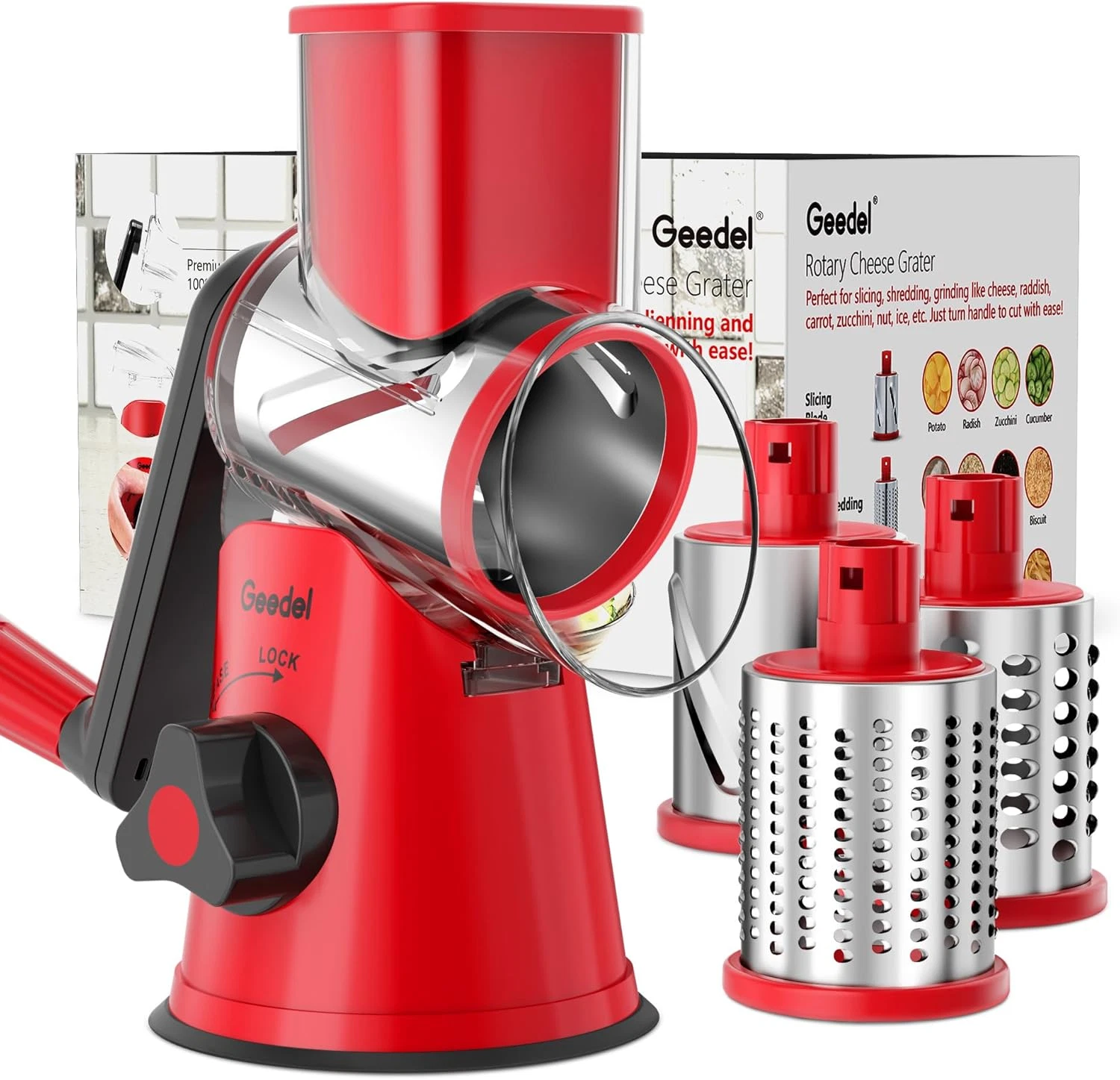 Geedel Rotary Cheese Grater, Kitchen Mandoline Vegetable Slicer with 3 Interchan