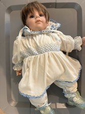 Soft Body Cloth Baby Girl Doll Blue Eyes Brown Straight Hair White Outfit Signed