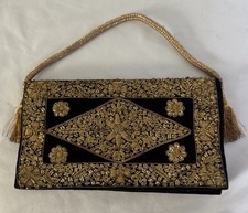Vintage Black Velvet Evening Purse Beaded With Gold Floral Embroidery 7x4x2