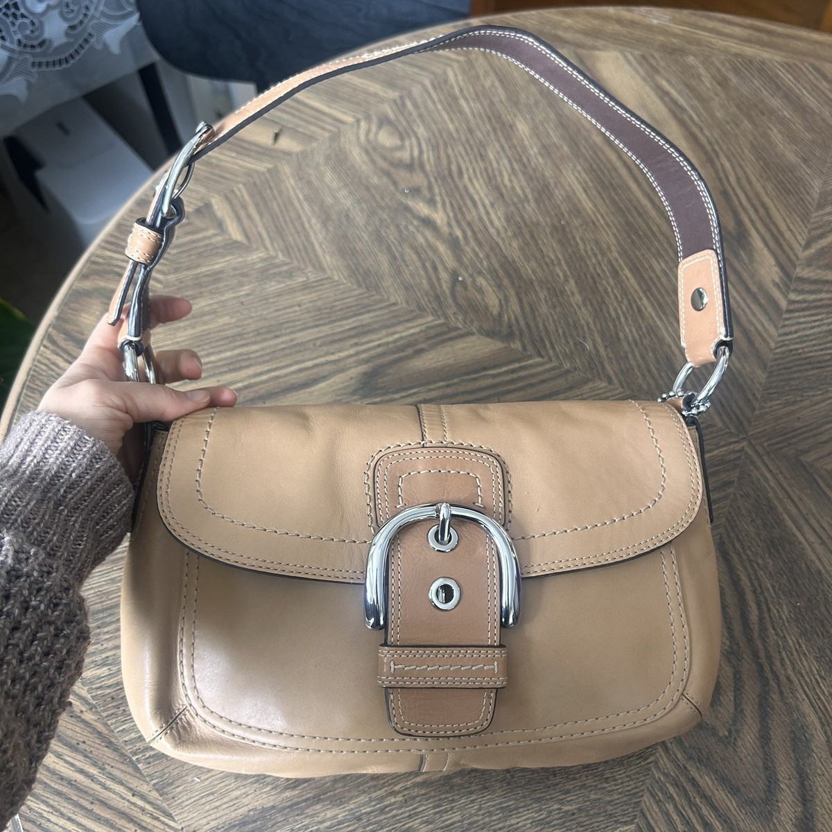 Coach Medium Soho Tan Leather Front Flap Buckle Shoulder Saddle