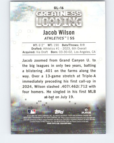 2025 Bowman #GL-16 Jacob Wilson Greatness Loading Athletics - Picture 2 of 2