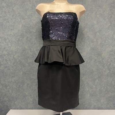 C. Luce Sequin Peplum Dress Strapless Party Cocktail Blue & Black Size S *FLAW*