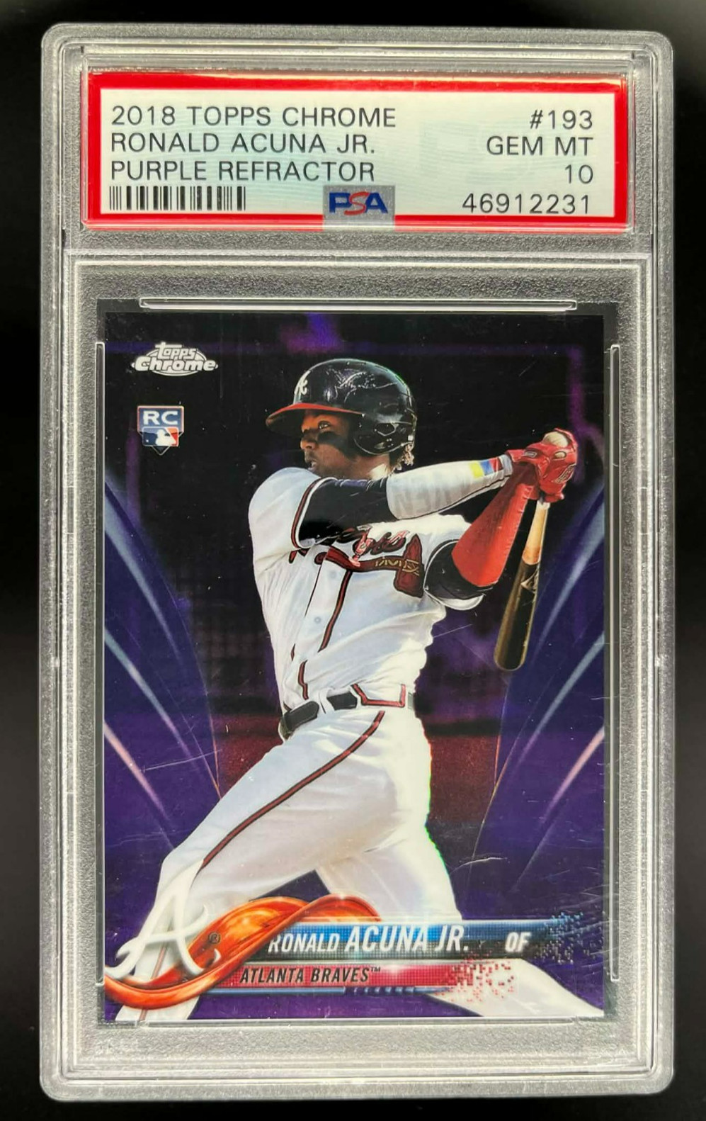 2018 TOPPS CHROME RONALD ACUNA JR RC ROOKIE PURPLE REFRACTOR 198/299 PSA 10 GEM