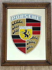 Vintage PORSCHE STUTTGART LOGO WALL MIRROR in Wood Frame 11x14” Collectible 1979