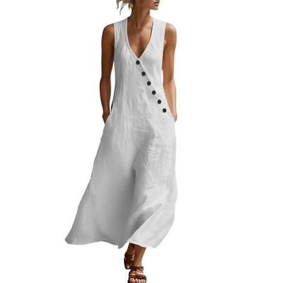 Women Plus Size Summer Maxi Dress Sleeveless V-Neck Button Front Pocket