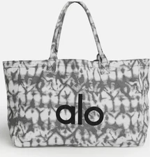 ALO Yoga Large Tote Bag Gray Tie-Dye Cotton Canvas Travel Gym Carry-On NWT
