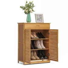 Bamboo 3 Tier Shoe Storage Cabinet with 1 Drawer & Shutter Door Shoes Organiz...