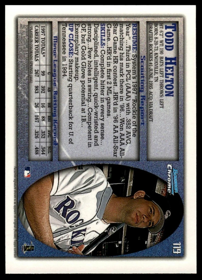 1998 Bowman Chrome #119 Todd Helton International - Image 2 of 2