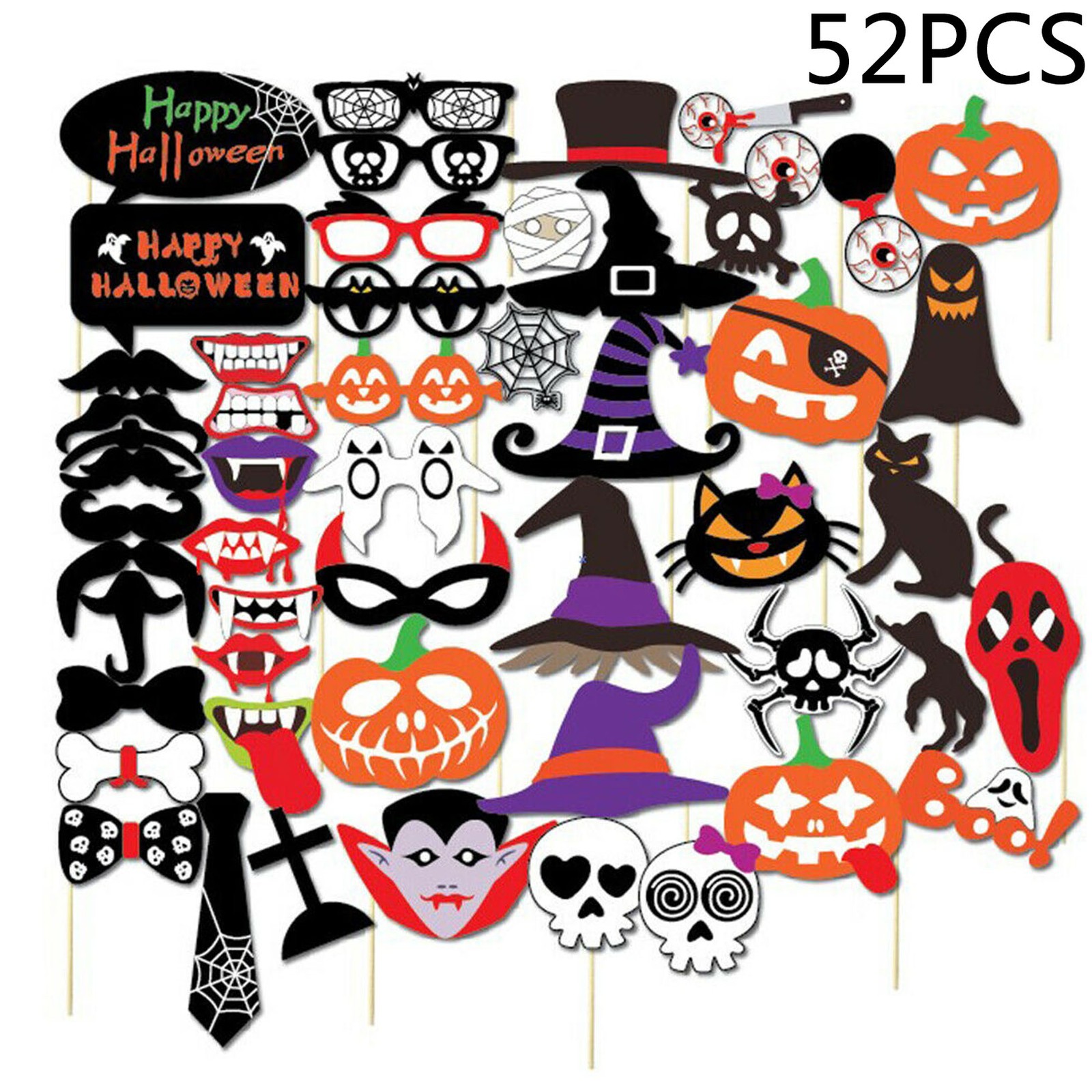 52PCS Halloween Party Card Masks Pumpkin Photo Booth Props Mustache Sticks US
