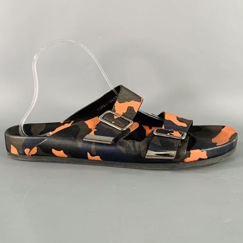 GIVENCHY Size 11 Black Green & Orange Camouflage Leather Slide Sandals - Picture 2 of 8