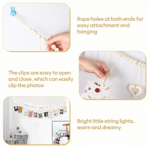 Wall Hanging Photo Display with Wooden Beads Garland, Collage Picture Frame - Picture 2 of 7
