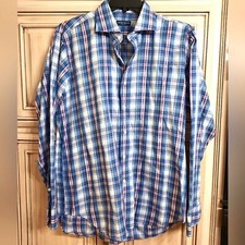 Peter Millar Blue White Purple Plaid Dress Shirt - Large 