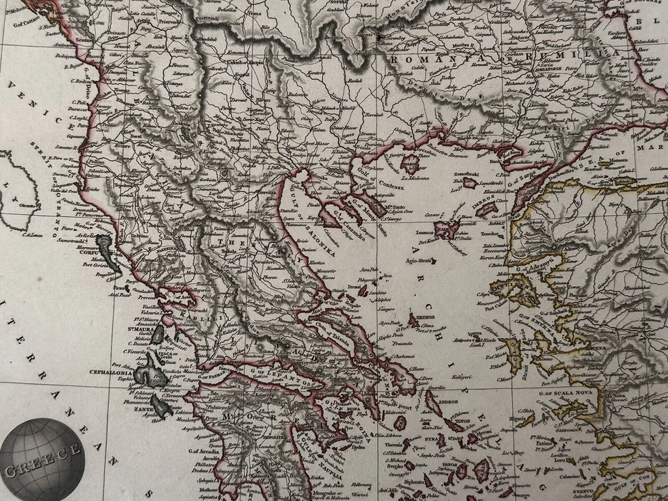 Mapa grabado en placa de cobre original de Grecia de 1825, recuerdos de geología antigua Foto 2 de 2