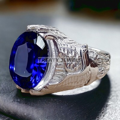 Blue Sapphire Oval Cut Gemstone With 14K Solid White Gold Ring For Men's #365