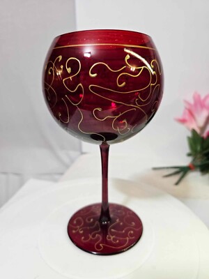 Ruby Red Glass Gold Scrolls Balloon Wine Goblet- A17
