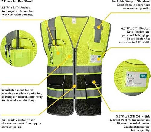 9 Taschen reflektierende Netz Sicherheitsweste gelb Herren Hi-Vis Arbeitsweste Klasse 2 ANSI - Bild 17 von 25