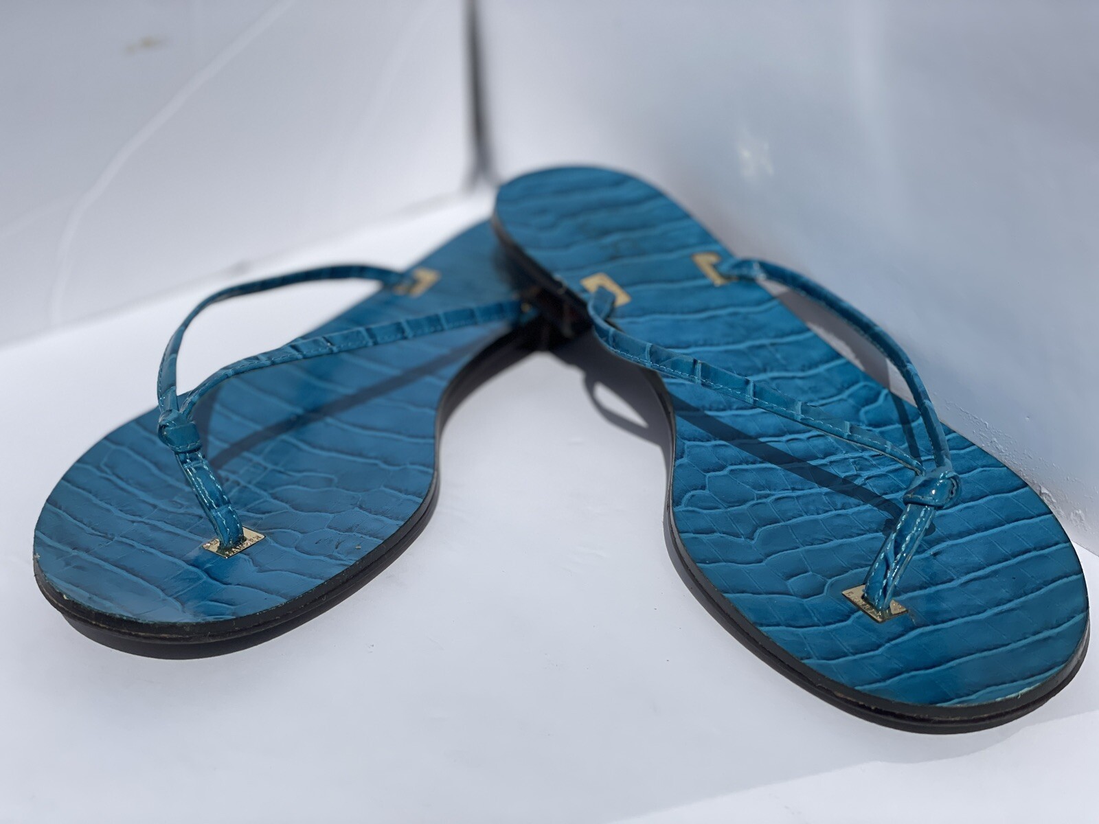 PANTOFOLA D’ORO Sandali perizoma RALPH LAUREN taglia 7 5 blu turchese coccodrillo in rilievo pelle diapositive