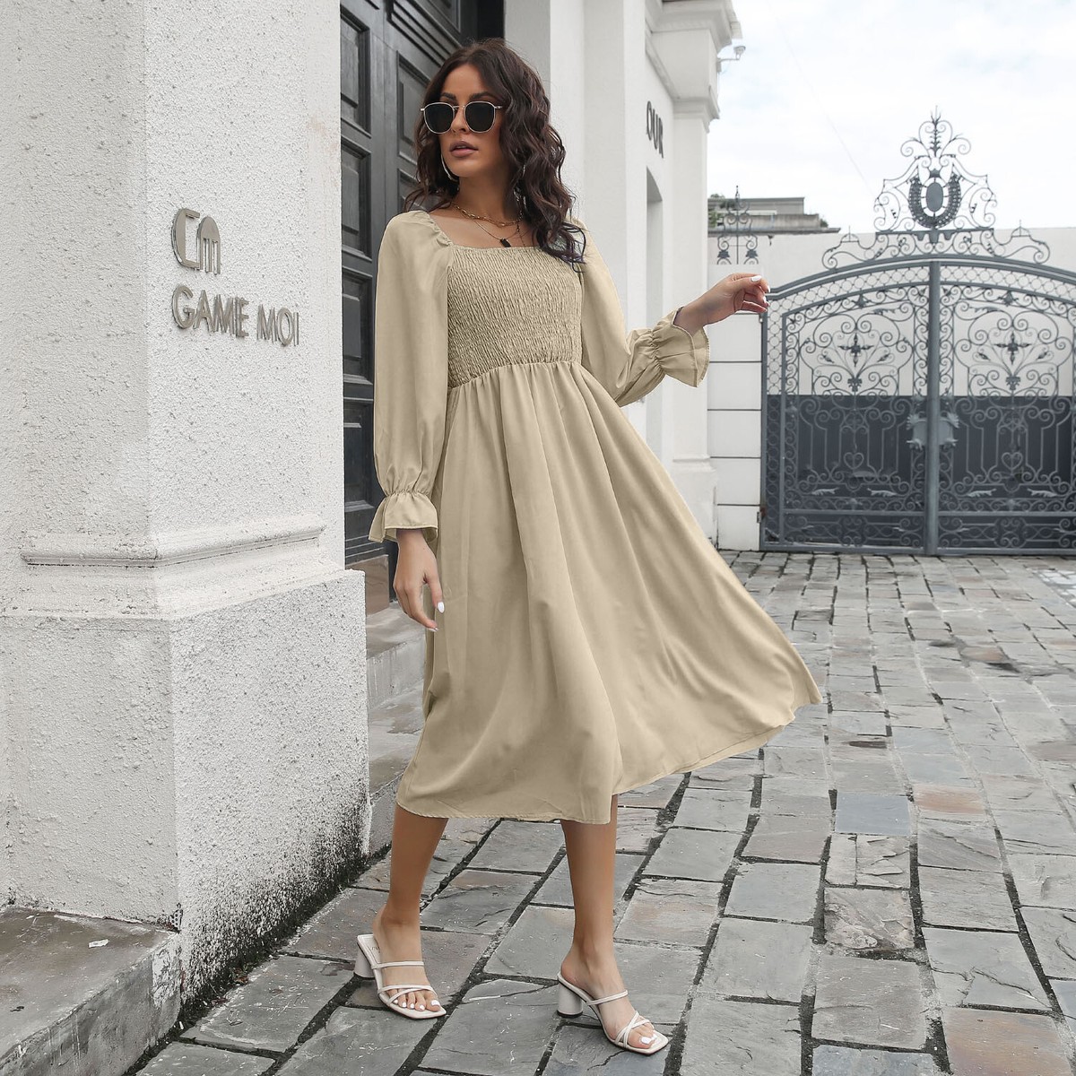 Smocked Bodice Square Neck Long Sleeve Dress for Women Knee Length | eBay