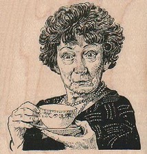 Lady With Cuppa 3 x 3" Rubber Stamp, People Stamp, Woman Stamp