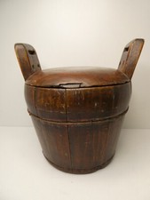ANTIQUE CHINESE WOODEN BUCKET TIMBER LIDDED RICE BARRE PAIL VESSEL CHARACTER
