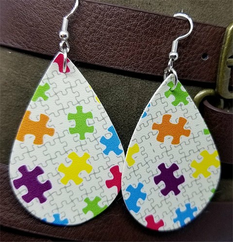 Autism Awareness Puzzle Pieces Tear Drop Shaped FAUX Leather Earrings - Picture 2 of 3