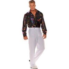 70's Disco Shirt Men's "Wet Look" Multi Colored Print Wide Collar Costume Shirt