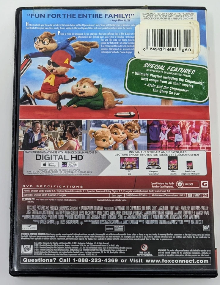 Alvin and the Chipmunks: The Road Chip DVD (2015) - Region 1 - FR/EN/ES- VG+ - Image 3 of 4