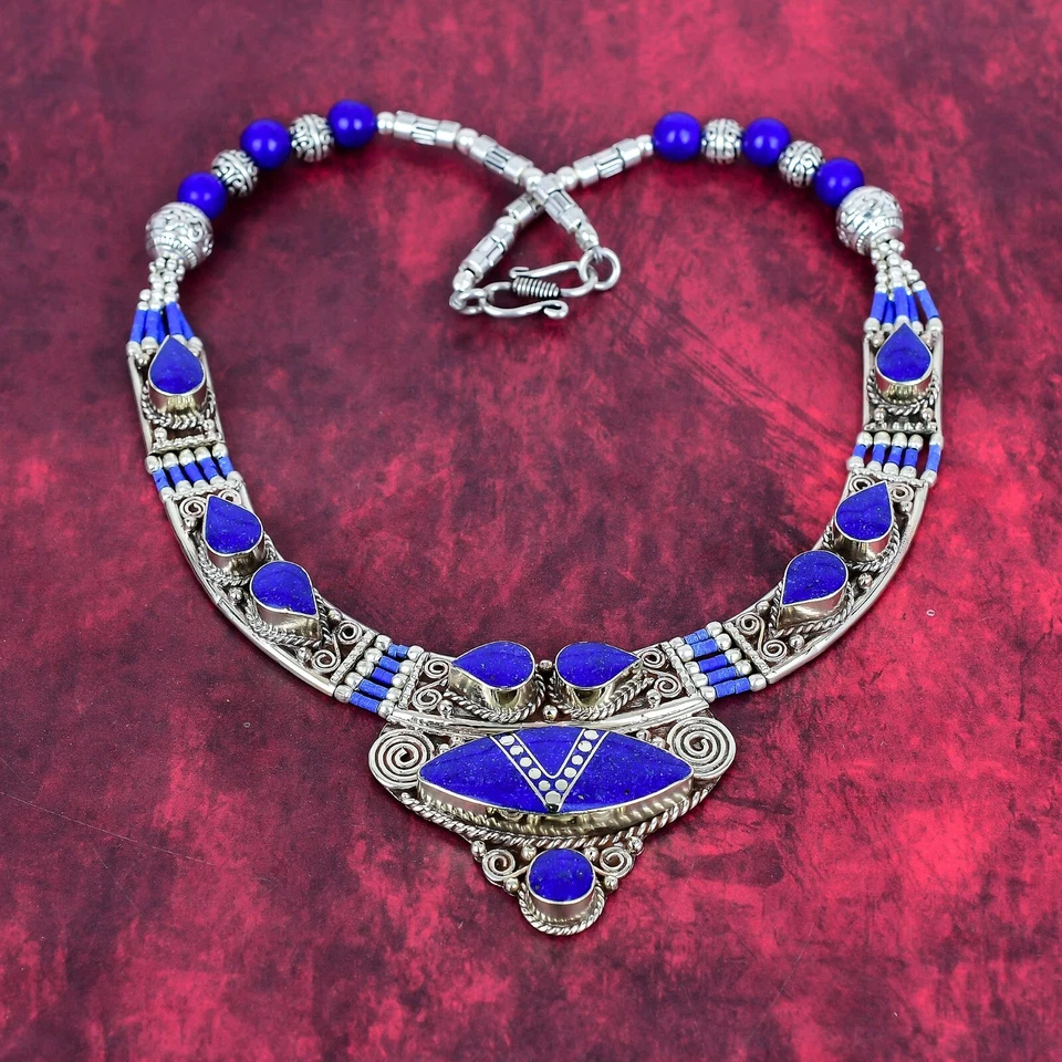 Lapis Lazuli Gemstone 925 Sterling Silver Jewelry Boho Nepali Necklace For Gift - Image 3 of 4