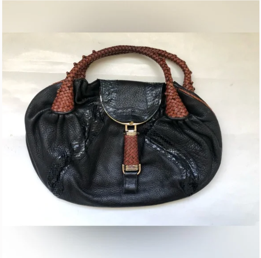 FENDI Authentic Spy Leather Black Brown Tote Bag