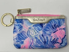 Lilly Pulitzer Pink Gold & Blue Zip Card Case Keychain Coin Pouch Wallet EUC