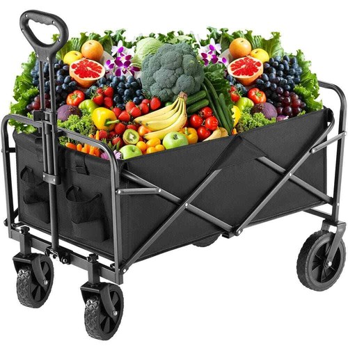 Black Folding Rolling Wagon Cart, Portable Beach or Garden Cart for Kitchen