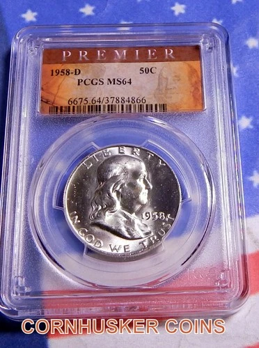 1958 D FRANKLIN SILVER HALF DOLLAR PCGS MS 64  BRIGHT  STRIKE  FREE SHIPPING