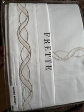 FRETTE Queen Sheet Set Ribbons embroidery. Color white Beige NEW 100 Cotton