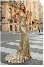 Kiss Prom Ezra Gold Sequence Mermaid V-Neck Prom Evening Gown Size 0 New W/ Tags