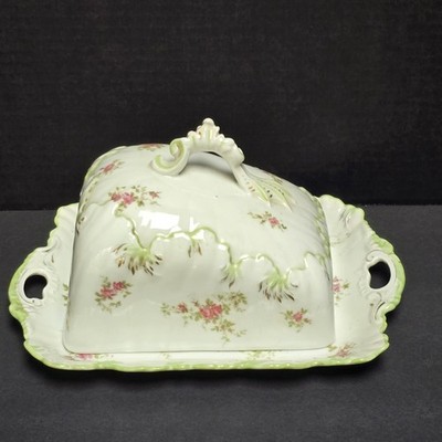 Antique MZ Austria Covered Cheese Dish Pink Rose Floral Green Trim Porcelain
