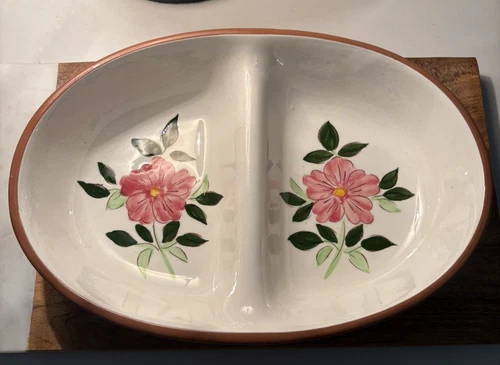 Vintage Stangl Pottery Trenton N.J. Wild Rose Oval Divided Bowl 11"x7.5"  VG+